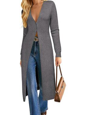 Women's Grey Long Cardigan Trendy Knit Dusters Coat V Neck Button Up Sweaters